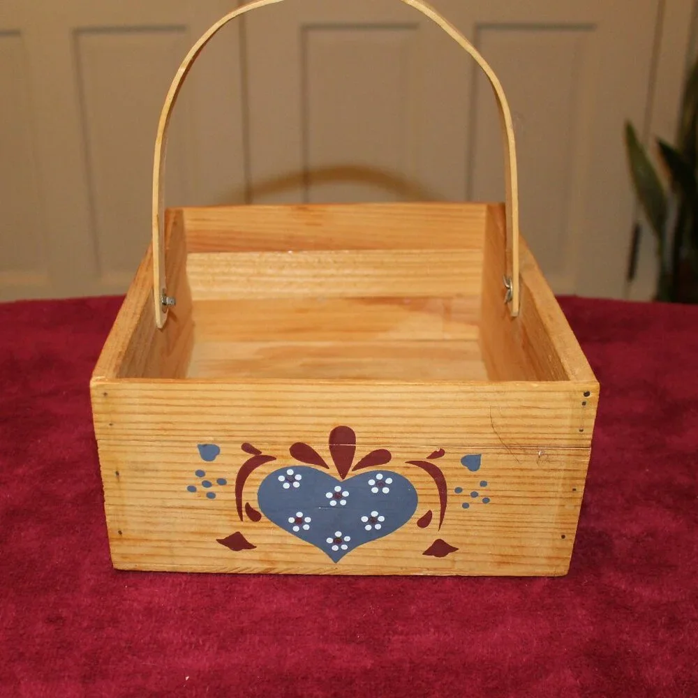 Vintage Rectangular Basket with Handle, Blue Heart Accent